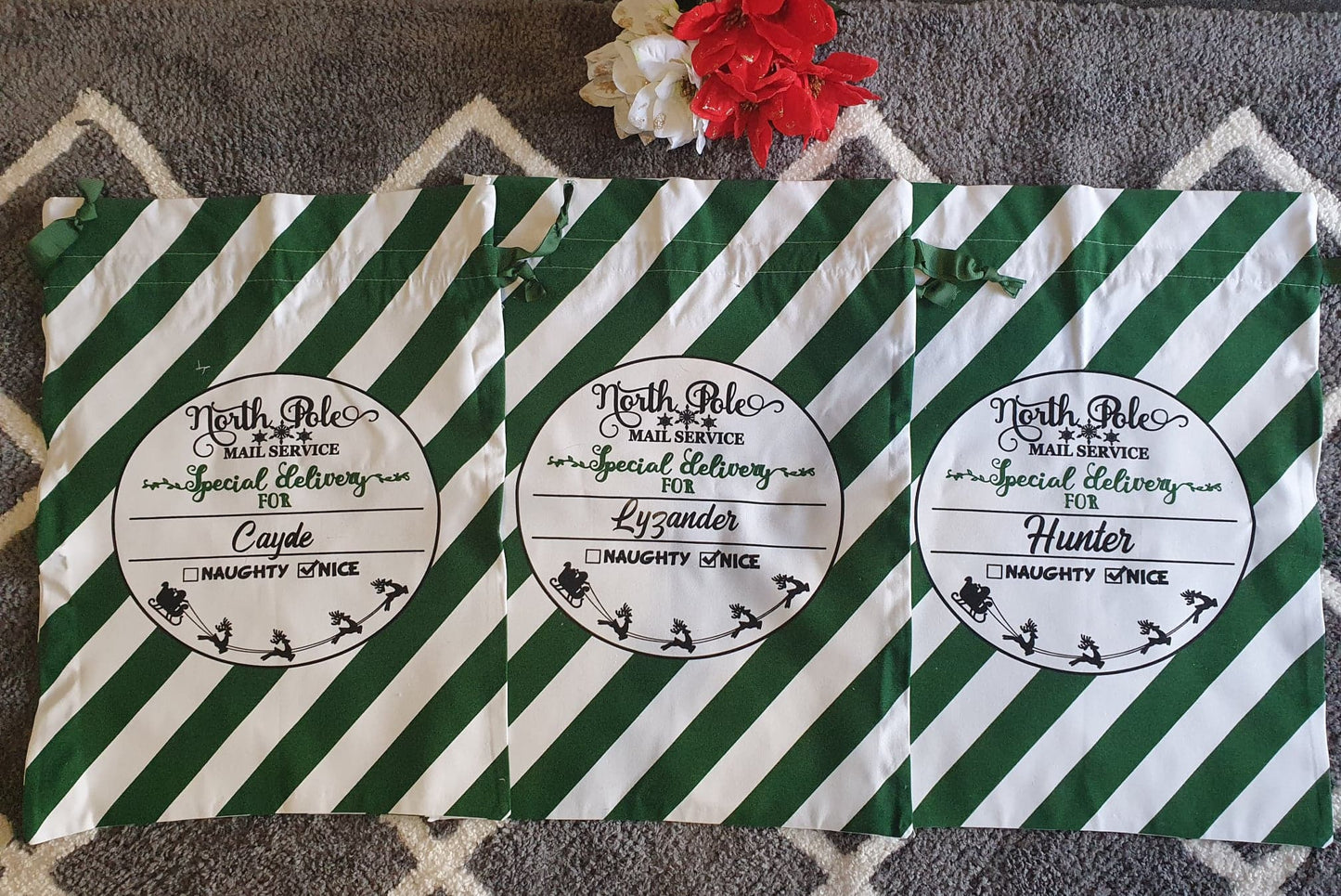 Personalised Green Striped North Pole Christmas Santa Sack - Amberleighs Designs