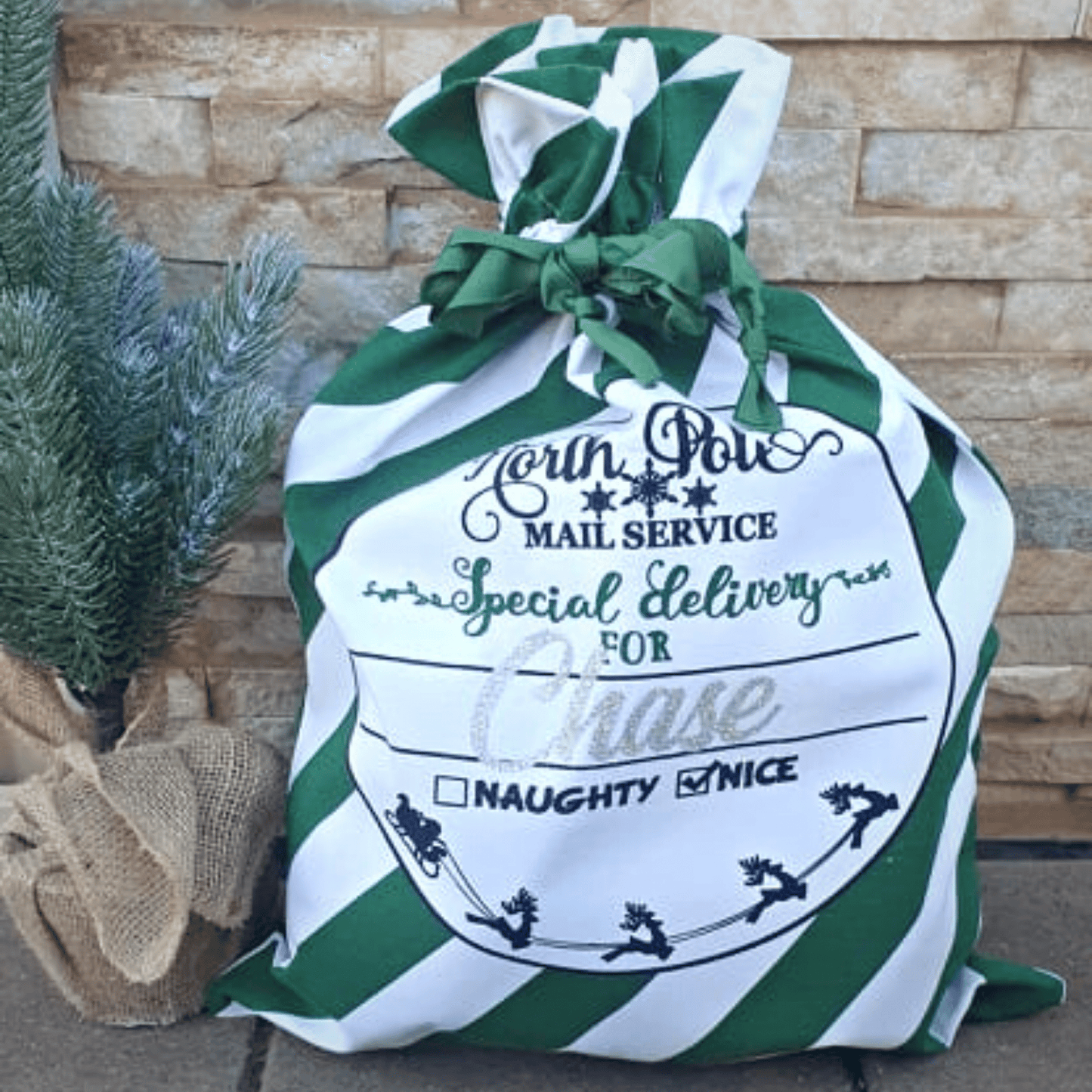 Personalised Green Striped North Pole Christmas Santa Sack - Amberleighs Designs