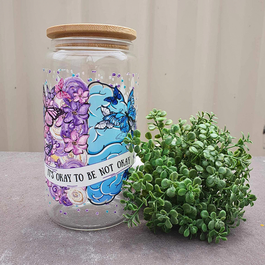 It's Okay, Not To Be Okay16oz Clear Libby Glass Can 475ml (16oz) Tumbler Cup | Amberleighs Designs | Adelaide South Australia