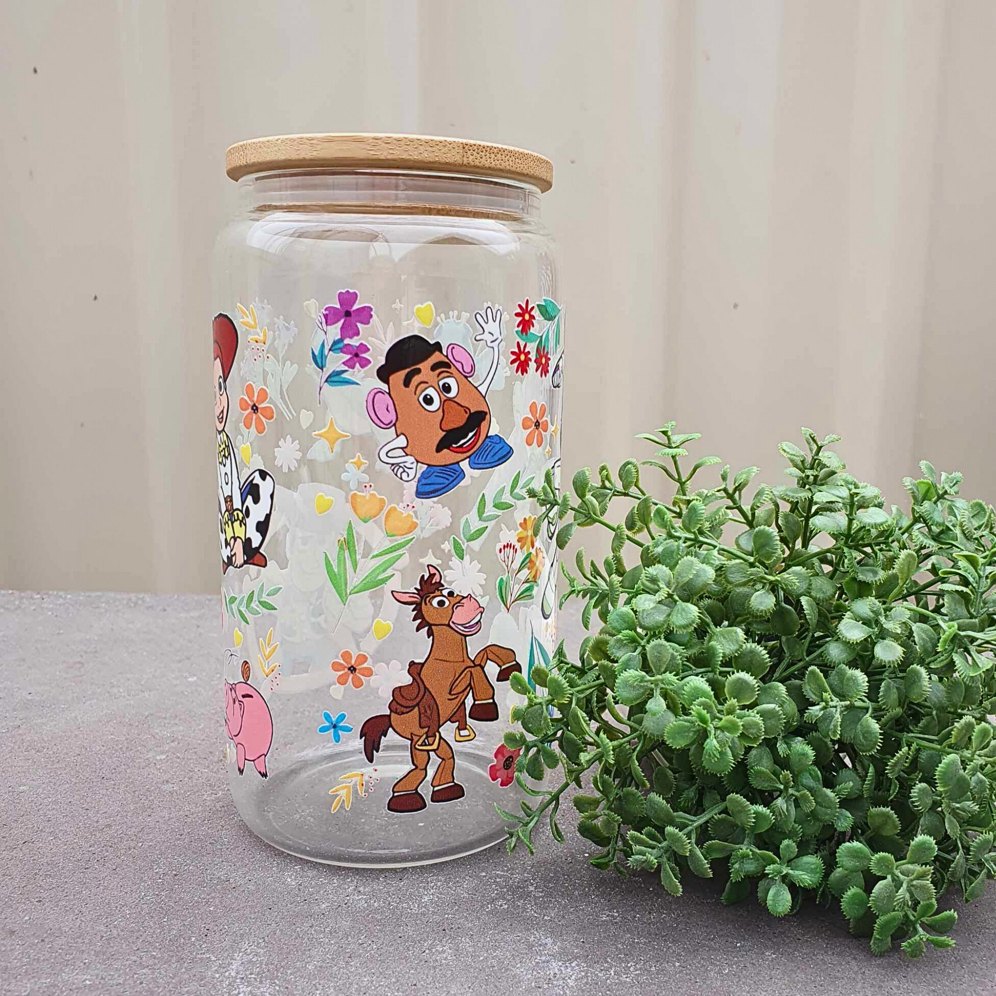 Toy Story Floral 16oz Frosted Libby Glass Can 475ml (16oz) Tumbler Cup | Amberleighs Designs | Adelaide South Australia