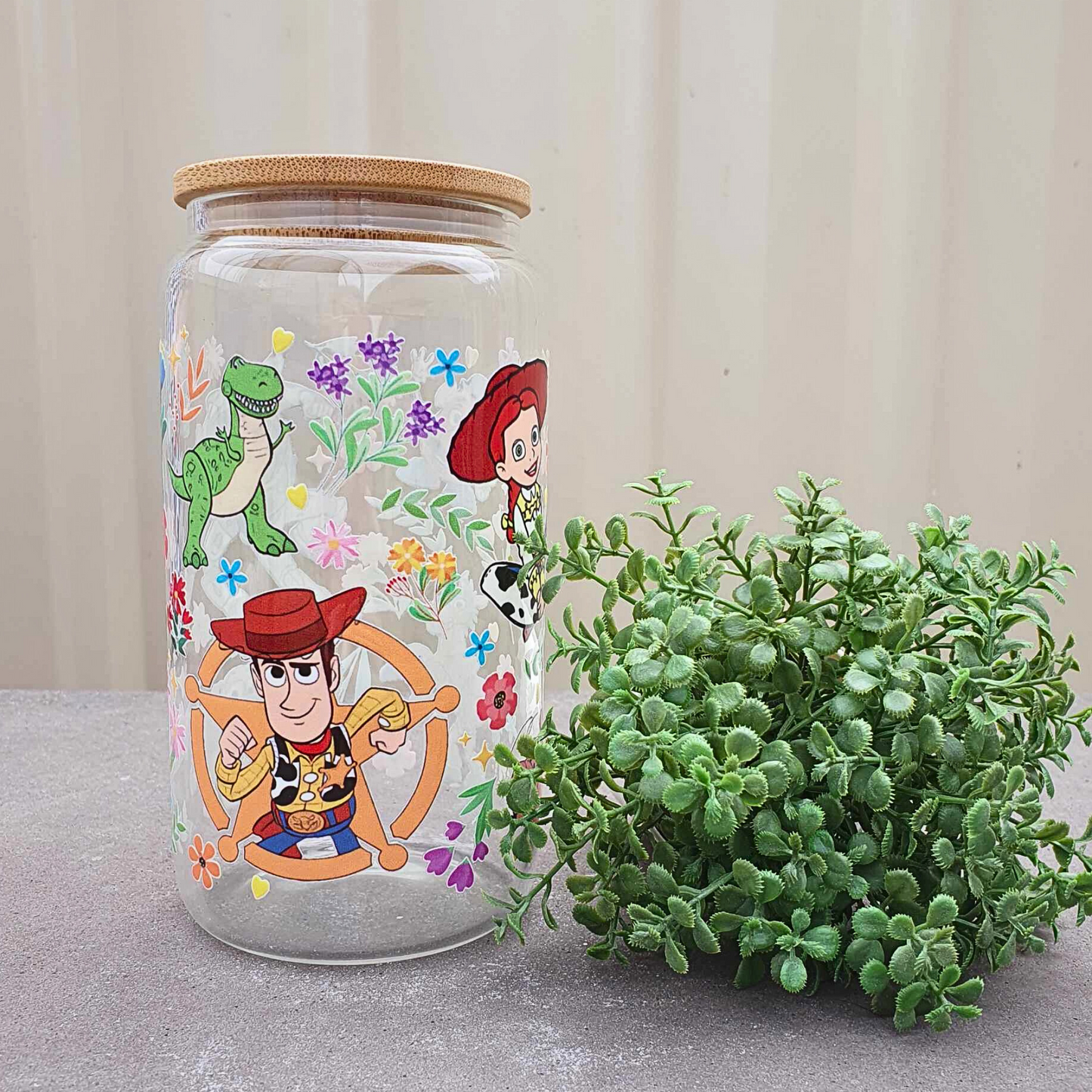 Toy Story Floral 16oz Frosted Libby Glass Can 475ml (16oz) Tumbler Cup | Amberleighs Designs | Adelaide South Australia