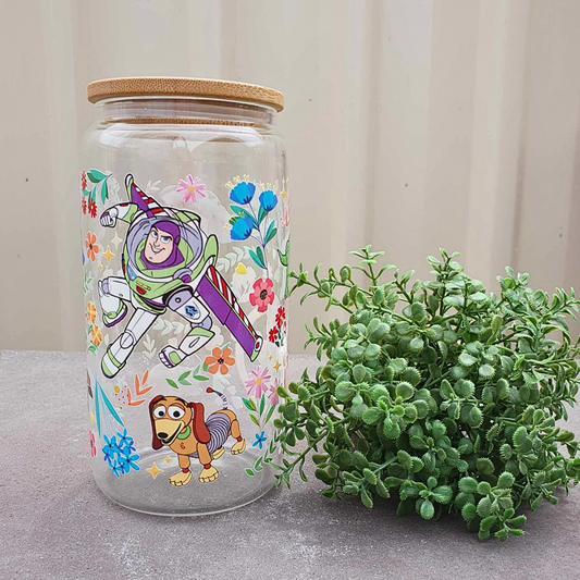 Toy Story Floral 16oz Frosted Libby Glass Can 475ml (16oz) Tumbler Cup | Amberleighs Designs | Adelaide South Australia
