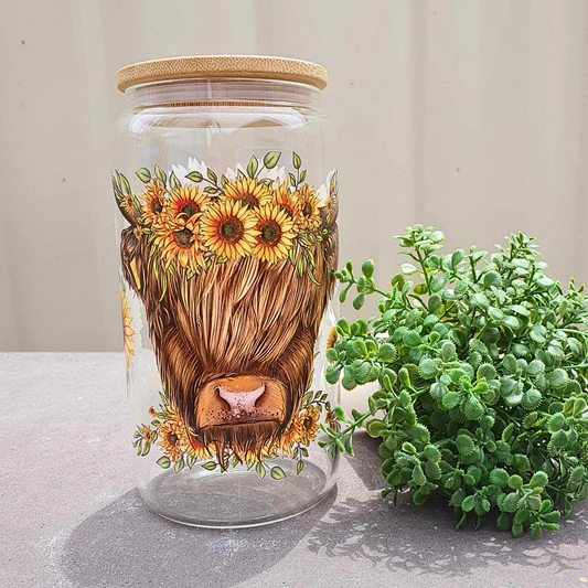 Sunflower Highland Cow 16oz Frosted Libby Glass Can 475ml (16oz) Tumbler Cup | Amberleighs Designs | Adelaide South Australia