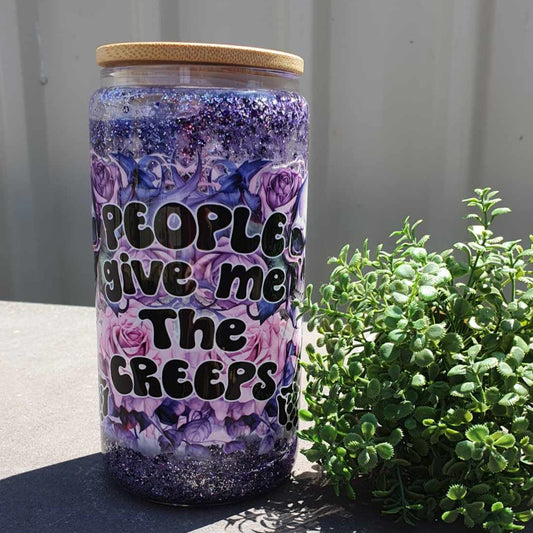 People Give Me The Creeps Purple Glitter Snow Globe Libby Glass Can 475ml (16oz) Tumbler Cup