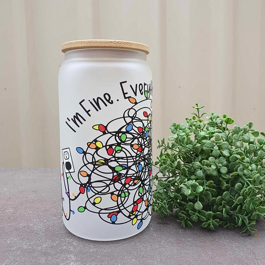 I'm Fine, Everything's Fine! Christmas Light 16oz Frosted Libby Glass Can 475ml (16oz) Tumbler Cup | Amberleighs Designs | Adelaide South Australia