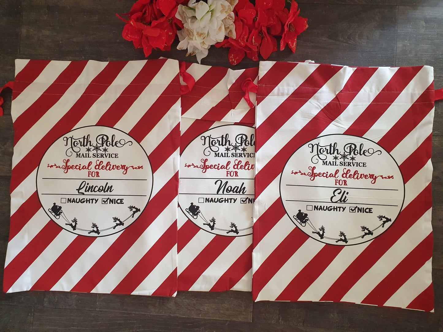 Personalised Red Striped North Pole Santa Sacks - Amberleighs Designs