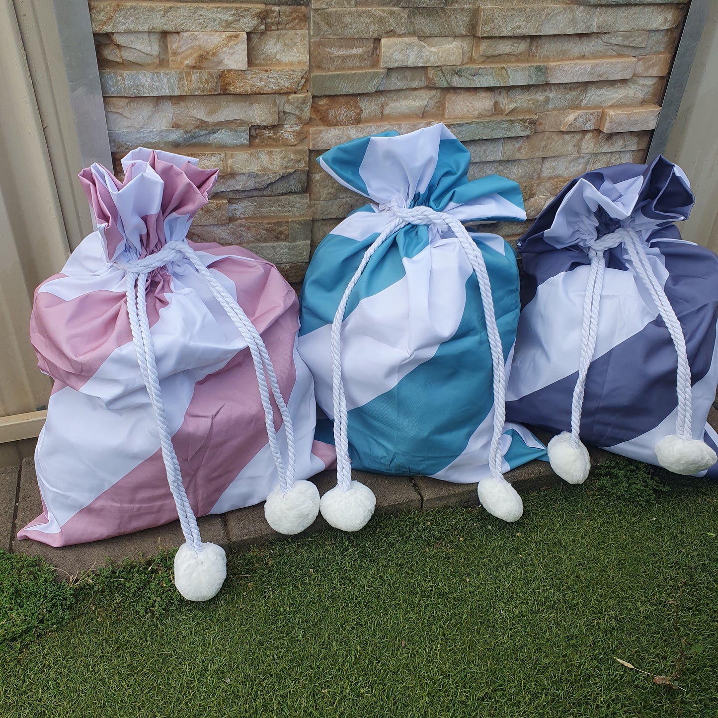 Deluxe Striped Pom Pom Santa Sack - Various Colours Available - Amberleighs Designs
