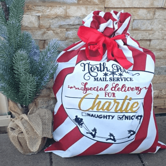 Personalised Red Striped North Pole Santa Sacks - Amberleighs Designs