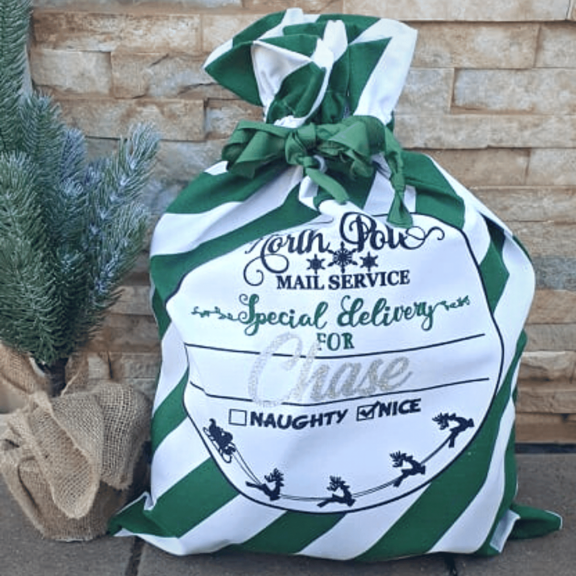 Personalised Green Striped North Pole Christmas Santa Sack - Amberleighs Designs